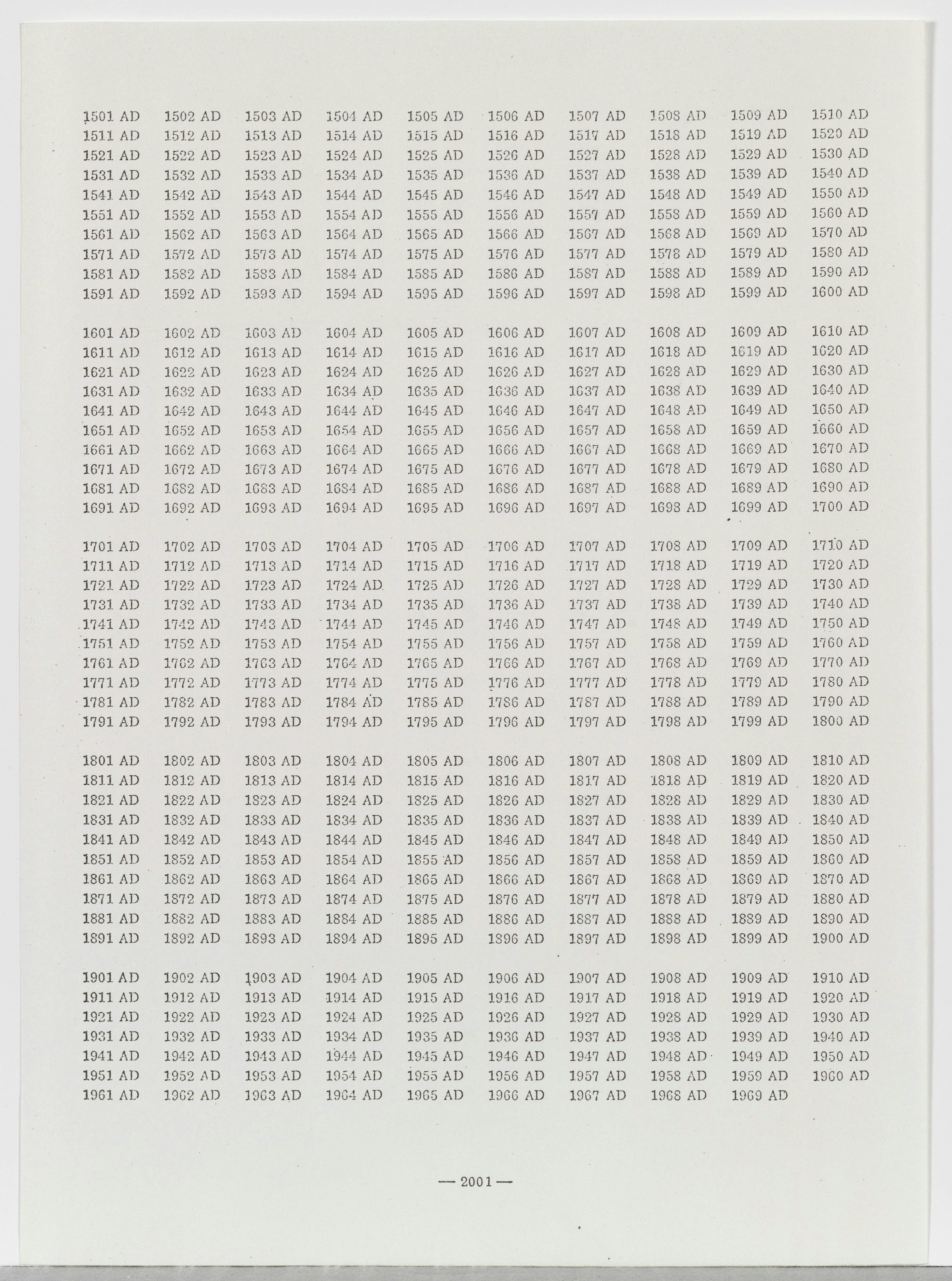 Page 2001 from On Kawara’s book, One Million Years, dated 1970-1971.